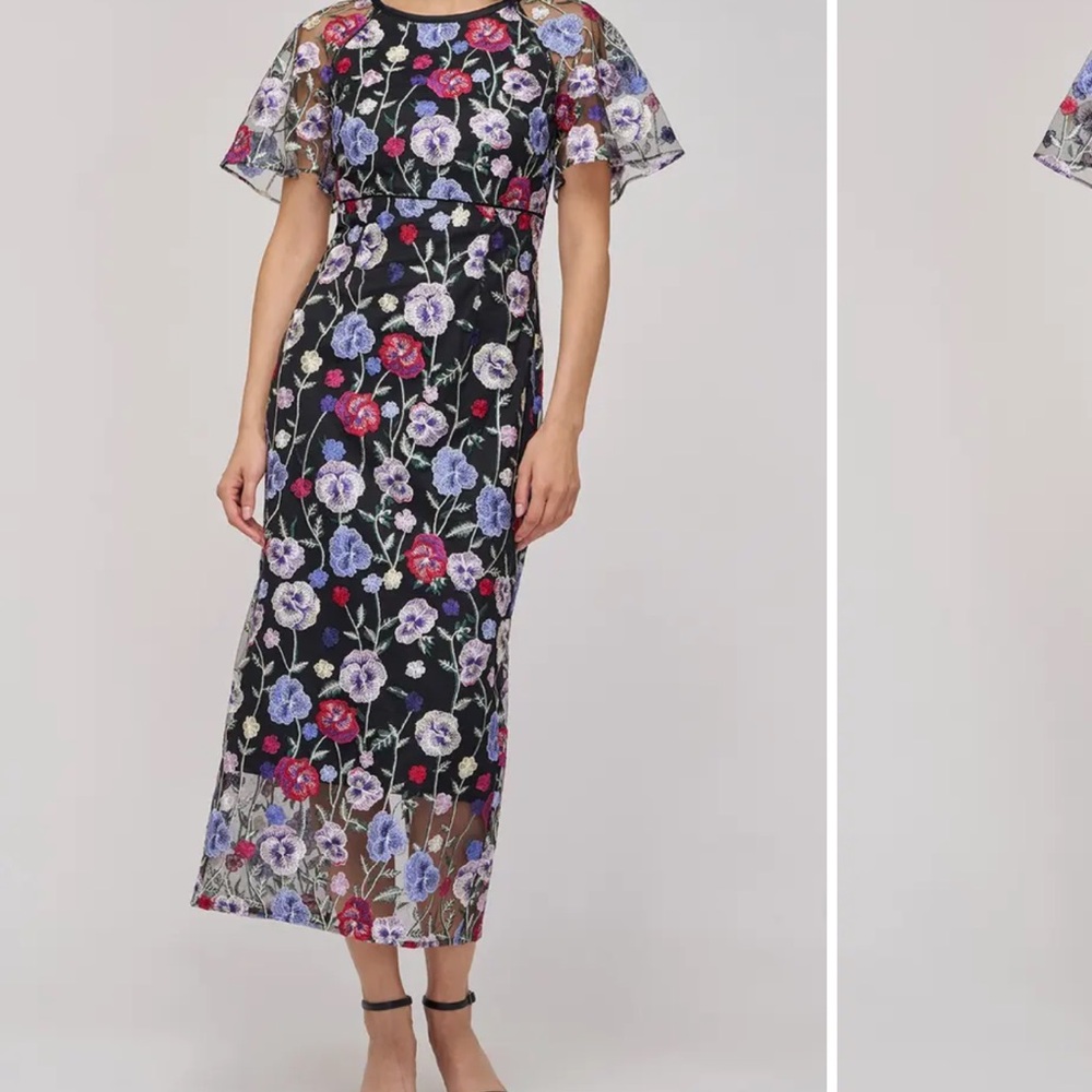 JS Collections Black Midi Dress with Multicolor Floral Embroidery